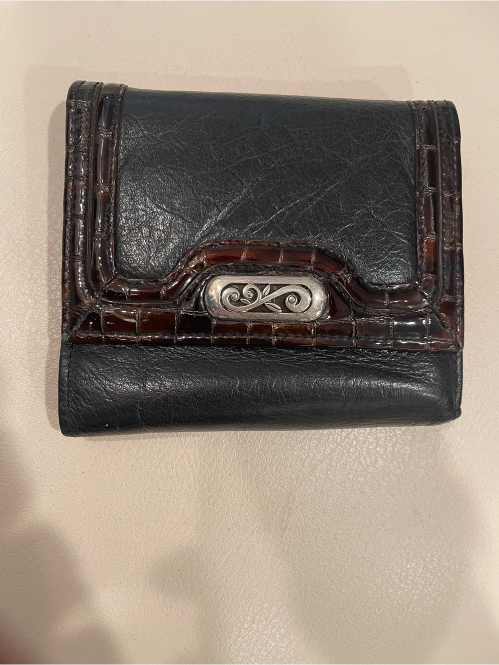 Brighton Black Leather Trifold Wallet with Brown Croc Trim
